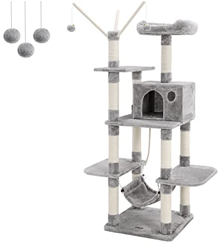 Feandrea Kratzbaum mit Hängematte, Höhle, Sisalstamm, hellgrau PCT86W