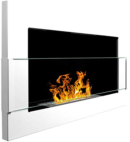 650x400 mm Gelkamin, Bioethanolkamin, Biokamin, Wandkamin, weiß + Glasplatte inkl. Halterung (TÜV - Rheinland geprüft)