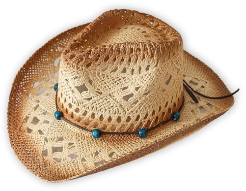 Chapeau de Cowboy/Cowgirl Paille Cowboy Panama avec Bande Ouest/Ouest Unisexe Taille Unique Homme Femme pour Été Coachella Plage Style Country