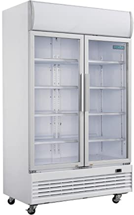 Polar Refrigeration G-Series 500W Upright 2 Hinged Door Food Drink Display Cooler Fridge with Light Box 950 Litre, White, 2°C to 6°C, 2036(H)x1200(W)x730(D)mm, 10 Shelves, Energy Rating B | GE580