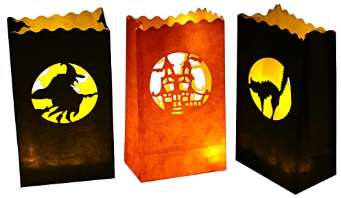 Stmarry 48 pcs Halloween Luminary Bags, Flame Resistant Luminaries, Orange and Black Tea Light Candle Bags - Witch, Black Cat Silhouette Decorations & Party Lanterns