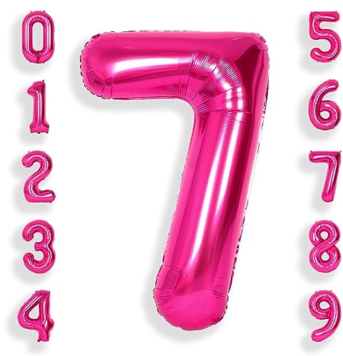 SUWEN 40 Inch Hot Pink 7 Number Balloon Foil 0-9 Birthday Big Numbers | 7th Birthday Anniversary Party Decorations Large Helium Number Balloons Jumbo Giant Huge Mylar