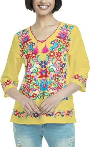 YZXDORWJ Women's Mexican 3/4 Sleeve Blouse Floral Embroidered Traditional V Neck Top Multicolor Boho Tunic (M, 171Y)