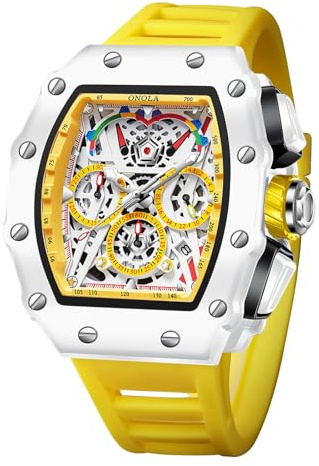 FORSINING Männer Quarzuhr, Casual Sport Armbanduhr für Herren Analoge Datumsanzeige Militäruhren Rechteck Big Dial Mode Geschäft, Gelb