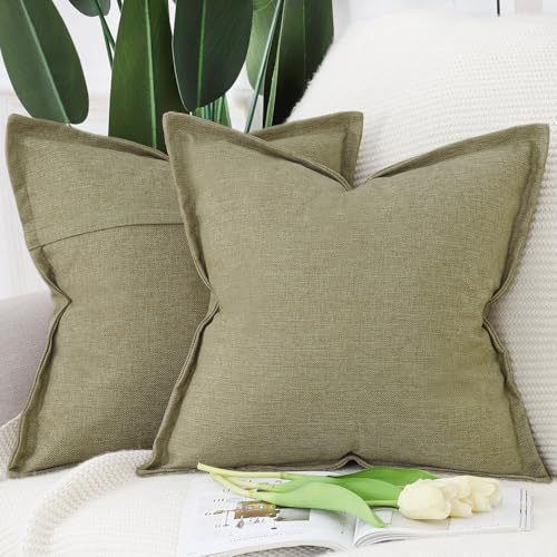 Madizz Set of 2 Faux Linen Cushion Covers with Broad Edge Soft Boho Decorative Pillow Cases for Sofa Bedroom Modern Pillow Shell 18x18 inch, 45x45 cm Moss Green