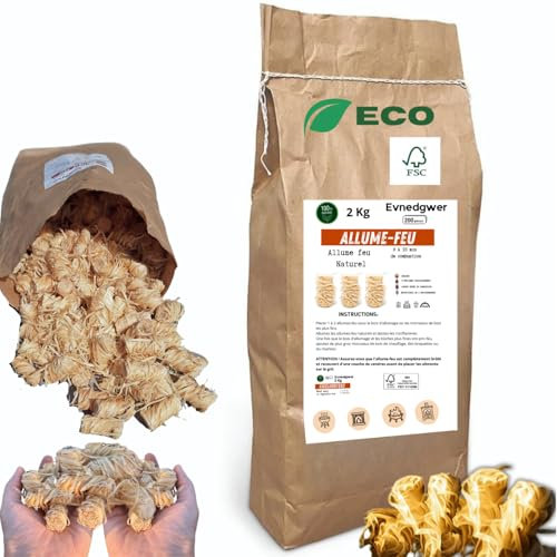 Allume Feu Ecologique FSC en Laine de Bois Grand Sac de 2 Kg - 200 Allumes-Feux pour Cheminée, Barbecue, Poêle à Bois- Allume Feu Puissant, Allumage Facile et Rapide, Respectueux de l'environnement