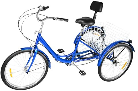 Huspoo 24 tums trehjuling för vuxna, 3-hjuls 7-växlad vikbar cykel med shoppingkorg, vikbar trehjuling cykel lastcykel för seniorer utomhus stadscyklar för män kvinnor äldre (blå)