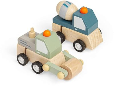 Bigjigs Toys Wind-Up Trucks (Mixer & Roller) - 2pcs Mini Wooden Truck Set, Vehicle Toy, Retro Pocket Money Gifts For Girls & Boys, Classic Kids Party Bag Fillers, Age 3 Years Old +