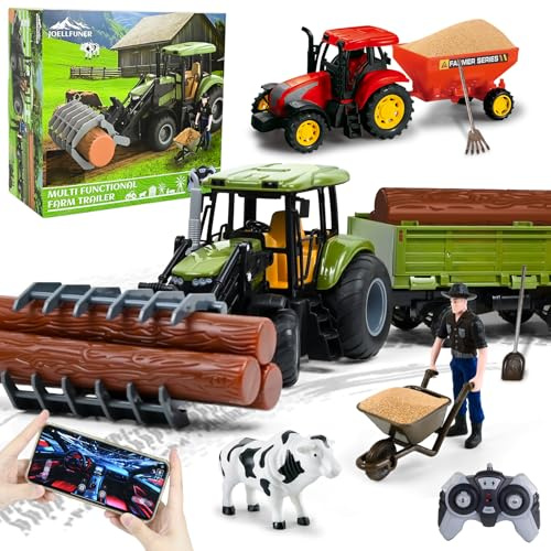 Joellfuner Trattore Telecomandato per Bambini 3 4 5 6 Anni, 2.4GHz Trattore Radiocomandato, con Trattore Giocattolo, Mucca, Pinza e Legname, Trattore Giocattolo per Bambini Regali di Natale