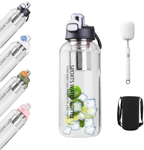 Glasflasche 1,2 liter Trinkflasche Wasserflasche Glas mit Filter & Bürste Glas Flasche ,Auslaufsichere Sportflasche Glastrinkflasche für Fitness, Wandern, Camping, Schule & Büro-spülmaschinenfest