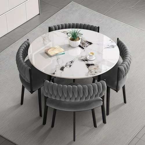VTELGT Marble Dining Table and Chairs Set 4, 5 Piece Modern Dining Table Set, Rock Slab Tabletop with 4 Weave Velvet Chairs for Space Saving,Round Grey