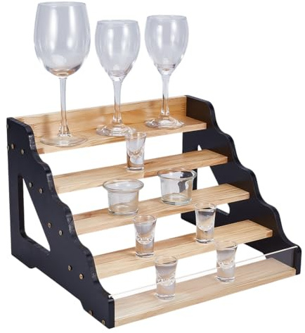 PH PandaHall 5-Tier Shot Glass Display Rack Wood Wine Glass Holder Liquor Storage Stand Bar Shelf Organize Coffee Syrup Rack Organizer with Acrylic Baffle for Kitchen Home Perfume Figurine Displays