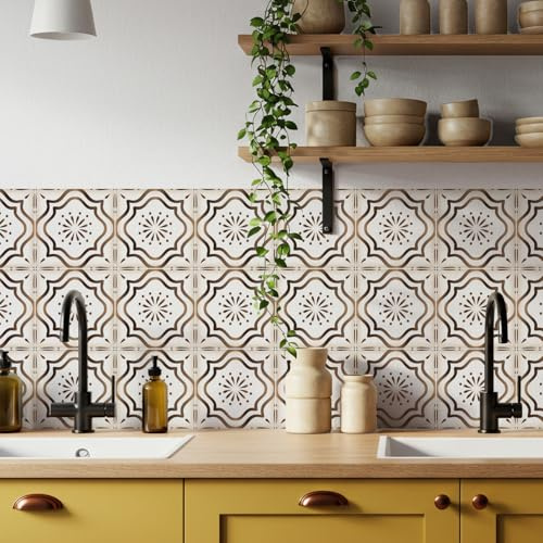 MEIHEA 16 Count Moroccan Tile Decals 5.9 inch – Self Adhesive Vinyl Wall Stickers, Waterproof Peel & Stick for Kitchen Backsplash, Bathroom, Stair Tread Accent (Brown)