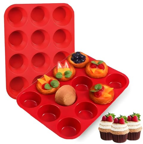 EJRUP Juego de 2 Moldes Magdalenas Horno,Silicona Grande para 12 Magdalenas,Recubrimiento Antiadherente,Reutilizables para Cupcake, Brownie, Pudín,Muffins