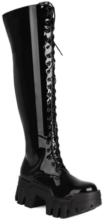 YhdtHSF Stivali Donna in Pelle Verniciata sopra Il Ginocchio, Stivaletti Goth Punk con Lacci, Tacco a Platform Spesso, Stivali Alti Coscia per Moda Audace Neri,Nero,43 EU