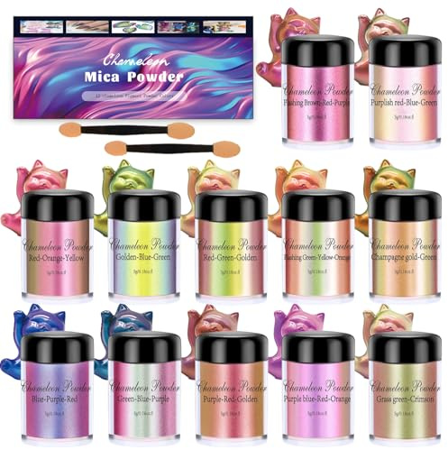 Welhammsae Polvo de Mica Camaleón, 12 Colores x 5g Pigmentos Para Resina Epoxi, Tintes en Polvo de Perla Para Epoxy Resin, Jabón, Velas, Hacer Joyas, Bombas de Baño, Arte Uñas, Limo, Conjunto A