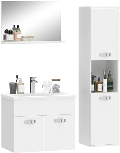 kleankin Set di mobili da bagno 4 pezzi, montaggio a parete, con specchio, mobile sottolavabo, lavabo in ceramica e armadio colonna alto, ripiani regolabili, stile moderno, bianco