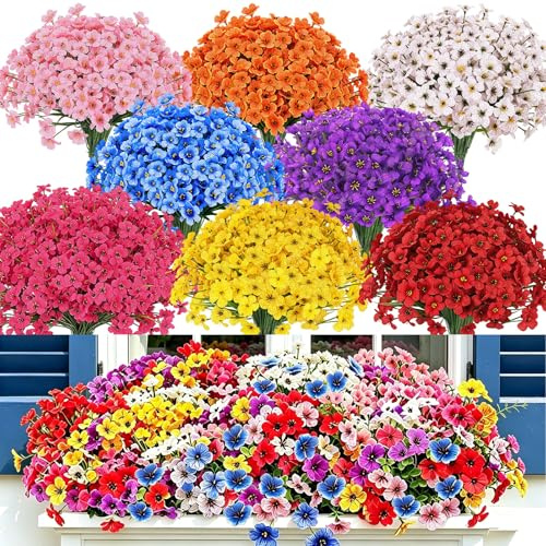 24 Bundles Artificial Flowers for Outdoors,8 Colors Fake Flowers Plants | Artificial Plants,Faux Plant For Outdoors,Faux Flowers For Hanging Baskets Planters Porch Garden Vases Home Farmhouse Dec