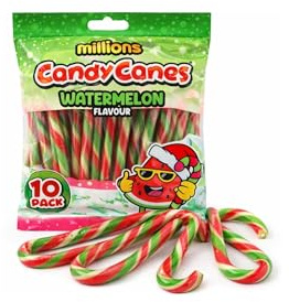 Millions Candy Canes Watermelon 10 Pack – Sucres d’Orge Saveur Pastèque Rouge, Vert & Blanc – Bonbons de Noël pour Décoration Sapin, Bas de Noël, Cadeaux Festifs & Chocolat Chaud
