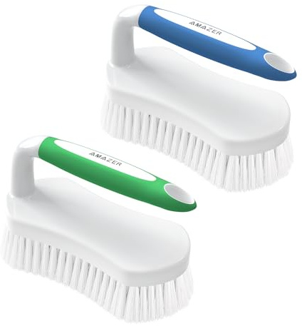 Amazer Scrub Brush for Cleaning Comfort Grip Shower Scrubber Flexible Stiff Bristles with Handle Heavy Duty Cleaner Brush for Tub Sink Carpet Floor - Pack of 2 (Blue+Green)
