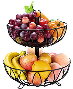 Rice rat Fruit Stand Vegetables Basket Counter Top Fruit Basket Bowl Storage for Kitchen Home Metal Cast Iron (2 Tier-Black)