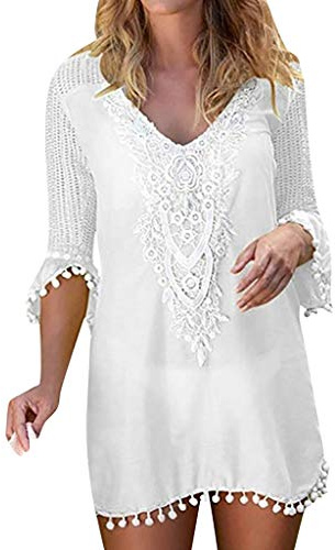 Kanpola Boho strandklänning för damer, strandtunika, luftiga sommarklänningar, kort bikini, täckande elegant, V-ringad, strandklänningar, lös t-shirtklänning, Vit, 34