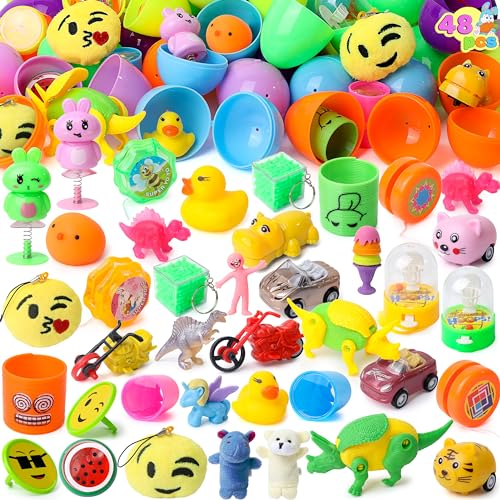 JOYIN 48 Pcs Huevos de Pascua Gigantes Llenos de Juguetes de 8 cm, de Colores Brillantes Precargados para Rellenos de Canastas de Pascua