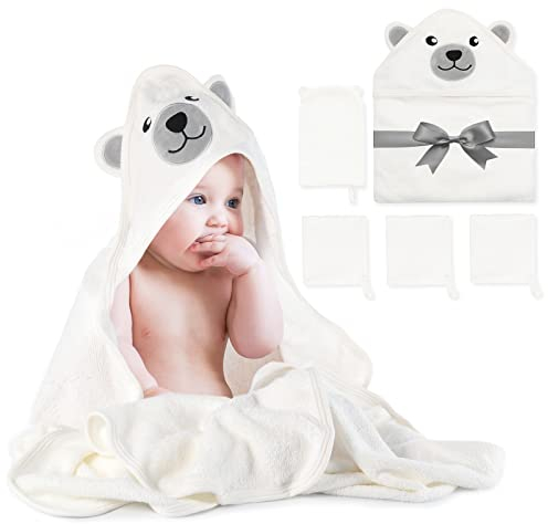 Momcozy Bambus Baby Badetücher Set 5er Pack, Babyhandtuch mit Kapuze , Waschlappen 3 Stück, Baby Bad Handschuh 1 Stück, Extrem Weich, Atmungsaktiv, Geeignet für Mädchen und Jungen