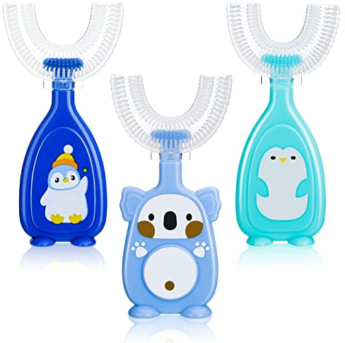 Pinenuts 3 Pack Kids U-Shaped Silicone Manual Toothbrush, Whole Mouth Toothbrush for Kids Toddler Baby (2-6 Years, Blue)