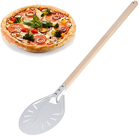 Jeanoko Long Handle Perforated Aluminium Pizza Paddle, Pizza Shovel with 60cm Removable Wood Handle Nonslip Round Pizza Spatula Pizza Turning Peel(7-inch)