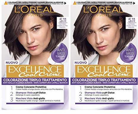 L'Oréal Paris Excellence Cool Creme Coloración Permanente Triple Tratamiento Tecnología Antiamarilleo Acción Protectora Color Iluminador 5.11 Ultra Cool Castaño Claro - 2 Envases
