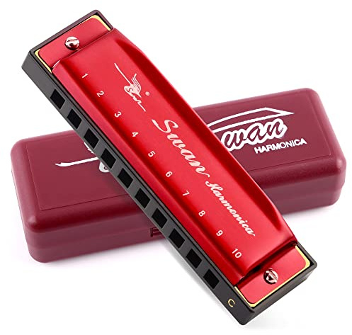 SWAN Blues Harmonica Key of C Mouth Organ Diatonic Harmonica with Case, 10 Hole 20 Tones Stainless Blues Harp for Adults, Beginners(Burgundy Red)