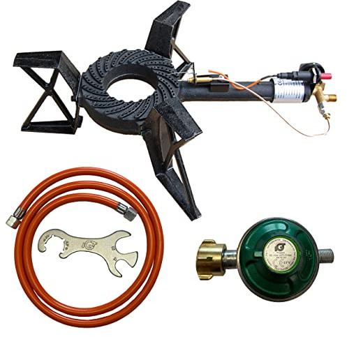 Tevex 3-Fuß Hockerkocher Gaskocher 10,5 kW - Campingkocher mit Piezozündung, Zündsicherung, 2 m Schlauch, 50 mbar Druckregler & Gasflaschenschlüssel