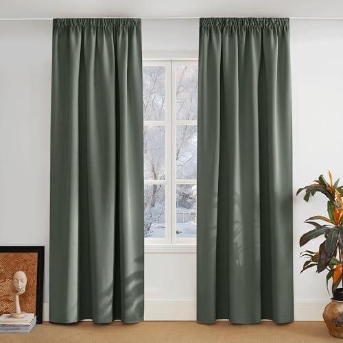 PONY DANCE Short Curtain for Rail Blackout Curtains 2 Pieces Thermal Insulated Curtains Cold and Heat Curtains for Living Room Windows, 140 x 245 cm, Green Grey