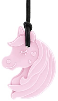 ARK Collier à mâcher en différentes épaisseurs et formes avec sangle réglable avec guide de pratique Logostar, collier Sensory, bloc de morsures, mastication, dentition, autisme (licorne, rose
