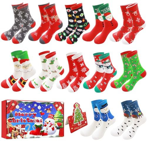 Aitsite 12 Paar Weihnachtssocken Damen Herren Kuschelsocken Christmas Socks Interessant Weihnachtsmotiv Baumwolle Socken Winter Warme Bett Socken Adventskalender 2024 frauen Das neue Socken