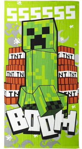 Toalla Infantil de Minecraft - Color Verde - 70x140cm - Elaborada con 100% Poliéster de 240 gsm - Toalla Pequeña - Estampado de Creeper con Explosivos - Producto Original Diseñado en España