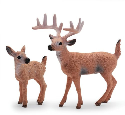 Gemini&Genius Whitetail Deer Animal Toys for Kids, Deer Figurines with Cub, 2Pcs Reindeer Family Woodland Animal Toys, Great for Kids Party Favors, Treasure Box Prizes, Family Fun or Cake Toppers
