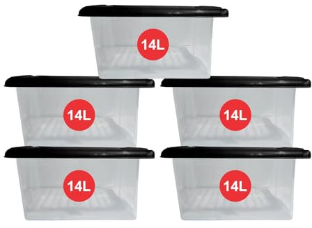RelianceUK 14L Plastic Storage Boxes with Lids (14 Litre / 5 Pack) | Stackable Boxes with Black Lid and Clear Containers for Home Kitchen | Storage Tubs for Office Accessories