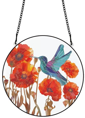 PLIGREAT Coquelicot Rouge teinté Suncatcher fenêtre Art Mural Suspendu Ornement Peint coloré Colibri Panneau Acrylique Artisanat pour Jardin Suspendu décor