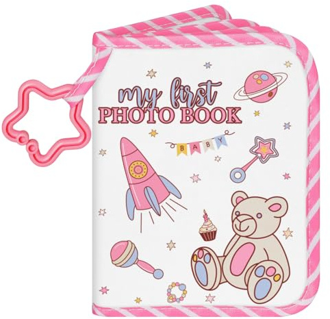 Lanpn Baby Photo Album Holds 17 6x4 Pictures, My First Soft Cloth Family Photo Book with Name Card Name Tag Sticker, Fabric Kid Memory Keepsake Gift for Baby Shower Toddlers (Bear-Pink)