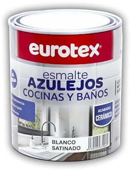 EUROTEX Pintura para Azulejos al Agua con muy buena adherencia SIN imprimación - Disponible en una gran variedad de colores - En Brillante o Satinado - Formato 750 ml (Blanco Satinado)