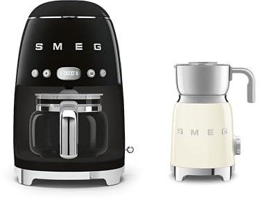 Smeg EEJB298 Retro Kitchen Set, 1.4L Drip Coffee Machine and Induction Milk Frother, DCF02BLUK + MFF11CRUK, Cream & Black