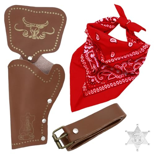 4 Pièces Cowboy Costume Accessoires Bandana de Cowboy Ceinture Holsters Badge en Métal Accessoires Déguisements pour Garçons et Filles pour Halloween Carnival Noel pour Enfant Jeu de Rôle et Soirée