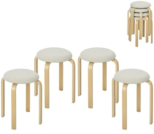 HOMCOM Esszimmerhocker 4er Set Stapelhocker Hocker aus Birkensperrholz mit Leinenoptik Küchenhocker Polsterhocker für Esszimmer Wohnzimmer Cremeweiß