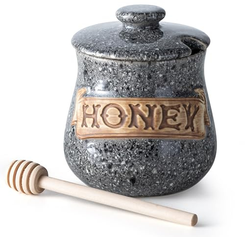 Honey Jar, Honey Pot, Honey Dispenser 12oz Grey Ceramic Honey Jar with Wood Dipper & Lid – Multi-Use for Fruit Syrup/Jam, Kitchens & Coffee Bars, Grey