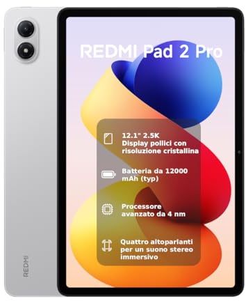 XIAOMI REDMI Pad 2 Pro, 6+128GB, Display 12.1 2.5K 120Hz, Batteria 12000mAh (tip), Processore 4nm, Interconnettività Smart, Garanzia 2 anni, Silver, Caricatore non incluso