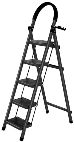 Escalera de 5 pasos con plataforma de trabajo, plegable, ancho pie plegable antideslizante, acero para caminar, 152 x 87 x 39 cm, color negro