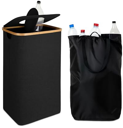 Relaxdays Collecteur de Bouteilles consignées 100 l, Sac Lavable, Couvercle, Feutre, Noir, 70 x 42 x 34 cm