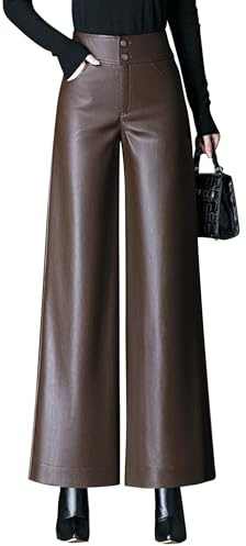 Lucrosun Trendy Faux Leather Pants High Waist Wide Leg PU Leather Palazzo Trousers (Brown-S)